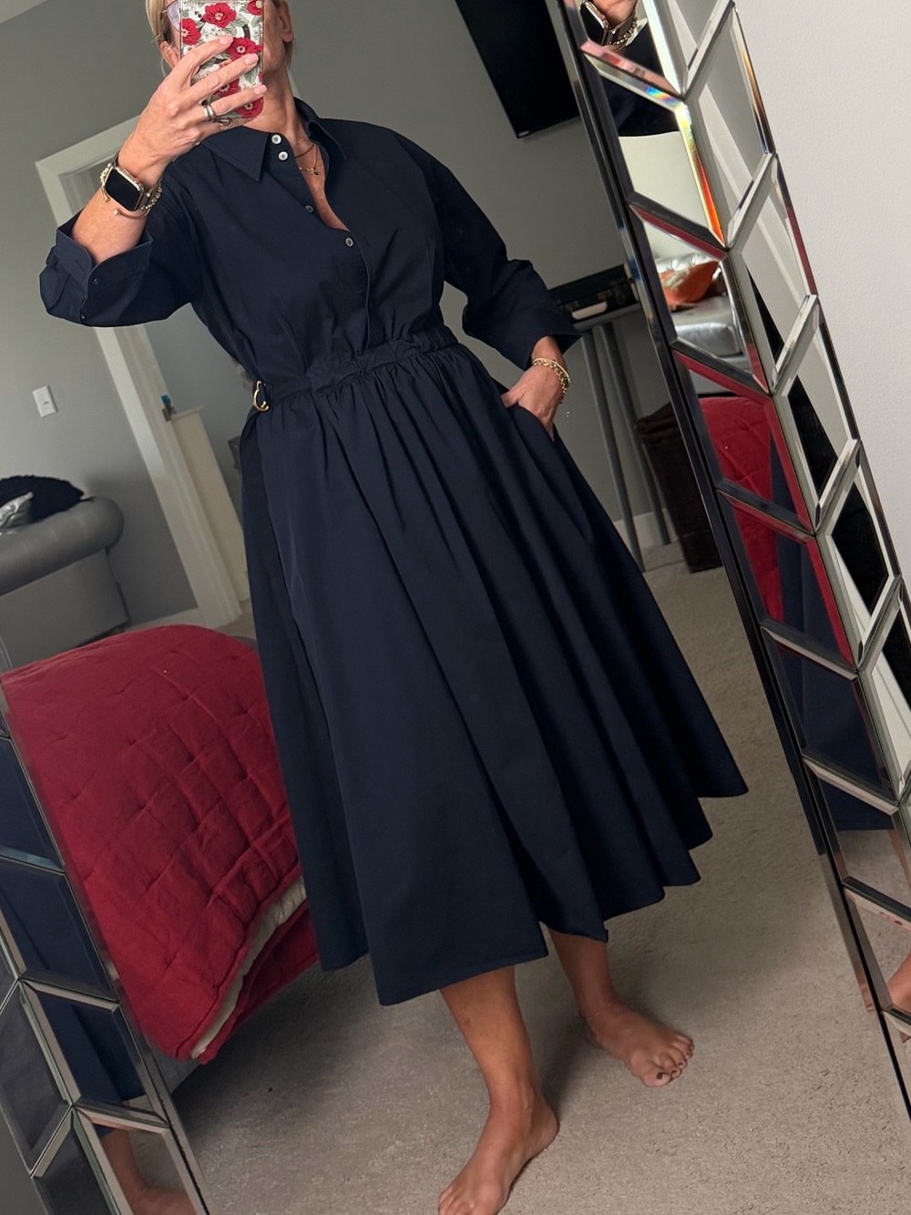 Tory Burch Classic Button-Front Navy Shirt Dress